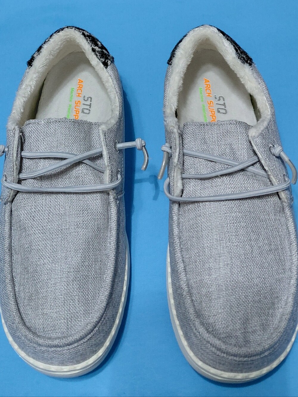 STQ Women's Light Gray Fur Lined Canvas Orthopedic Slip On Loafer Size 8